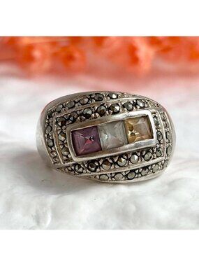 Art Deco Amethyst, Topaz & Citrine Sterling Silver 925 Vintage Ring - sz 6.75